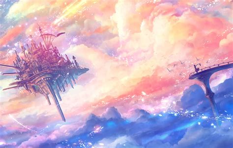 Wallpaper girl, fantasy, sky, bridge, clouds, birds, Castle, digital ...