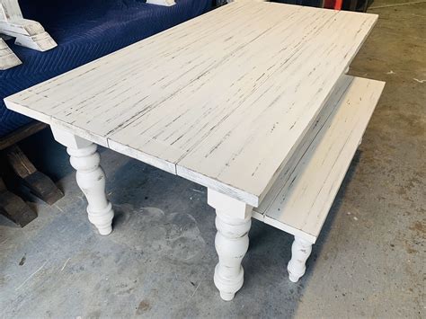 7ft Rustic Farmhouse Table and Bench with Turned Legs, White Distressed ...