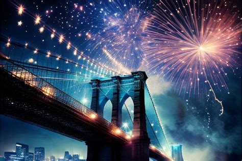 Fireworks Over the Brooklyn Bridge in New York. AI Generated. Stock ...