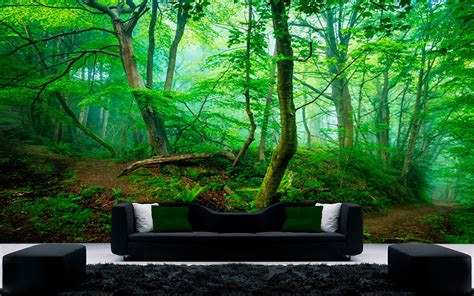 Forest wall mural Nature removable wallpaper Green tree in | Etsy