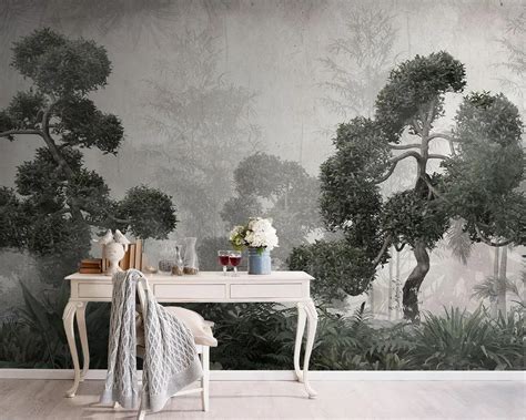 Wall Mural Photo Wallpaper Tropical trees and leaves in a misty forest ...