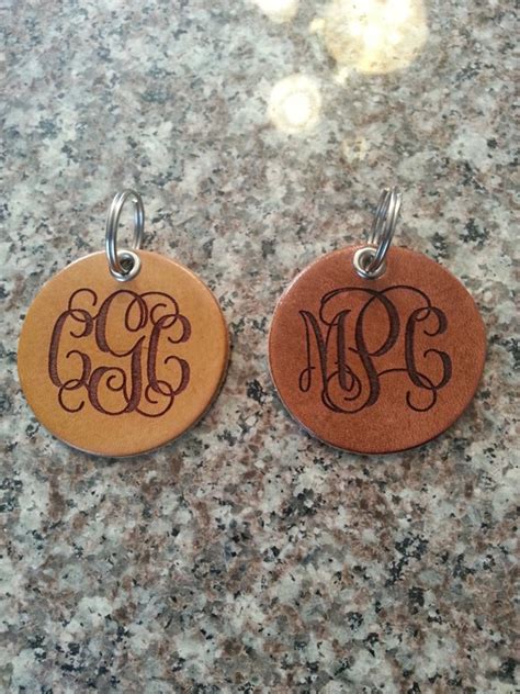 Round Leather monogram keychain personalized key chain