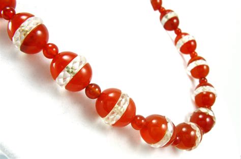 Vintage Carnelian Bead Necklace / Clear Faceted Crystal