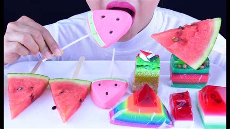 ASMR EATING WATERMELON FRUIT JELLIES AND WATERMELON MARSHMALLOWS AND ...