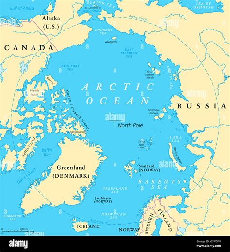 Arctic Ocean map with North Pole and Arctic Circle. Arctic region map ...