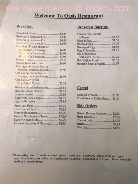 Menu at Oasis Restaurant, Presidio, Erma Ave