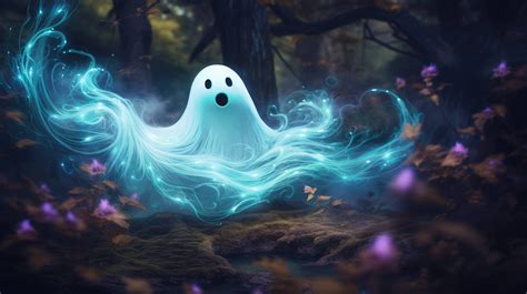 A cute ghost frolics playfully through a mystical glowing forest ...