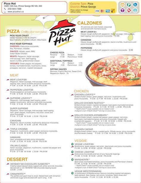 Pizza Hut Printable Menu