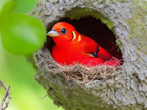 Premium AI Image | Scarlet Tanager sits on a branch in the forest and ...