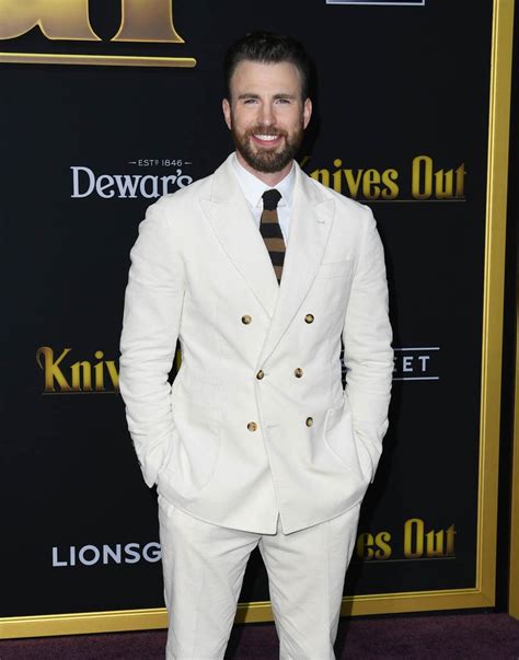 Chris Evans in white corduroy at the Knives Out premiere