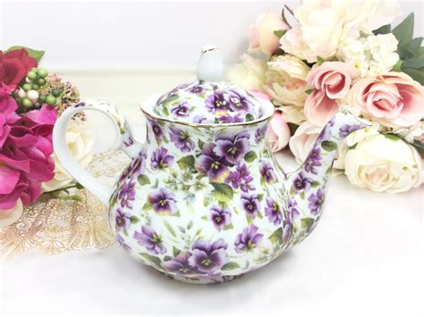 Purple Pansy Teapot, Purple Floral Porcelain Teapot for Tea Set, Tea ...