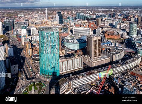 BIRMINGHAM, UK - NOVEMBER 4, 2022. An aerial view of a Birmingham cityscape skyline with the ...