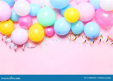 Pink Birthday Background with Balloons, Confetti and Streamers, Top ...