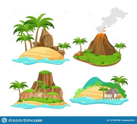 Vector illustration set of different scenes of tropical islands with ...