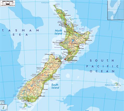 Large physical map of New Zealand with roads, cities and airports | New ...