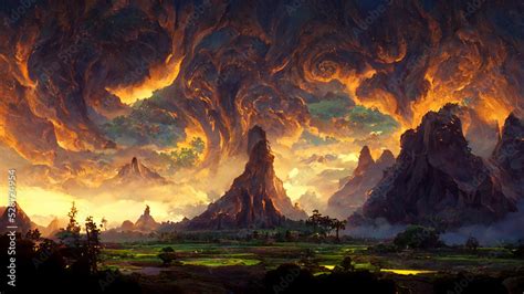 Dramatic high fantasy mountain landscape with surreal clouds. Fictional ...