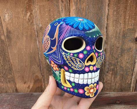 Vintage 4 tall hand-painted ceramic skull sculpture, Mexican folk art ...