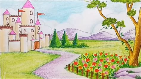 How to draw a scenery of flower garden with castle step by step - YouTube