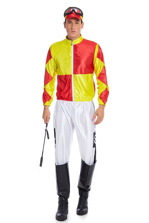 Yellow Red Jockey Horse Racing Rider Mens Uniform Fancy Dress Costume