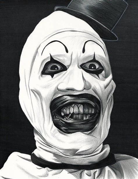 a black and white drawing of a creepy clown wearing a top hat with his ...