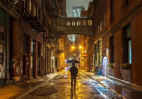 Staple Street on a rainy night, TriBeCa, Lower Manhattan, New York City ...