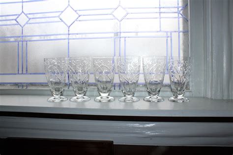 6 Vintage Cut Crystal Water Glasses Footed Tumblers