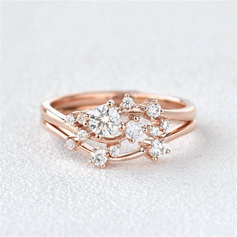 Cluster Moissanite Rose Gold Wedding Ring Set 2pcs – Felicegals