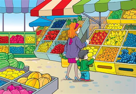 Mother And Son Shop At The Market Stock Illustration - Download Image ...