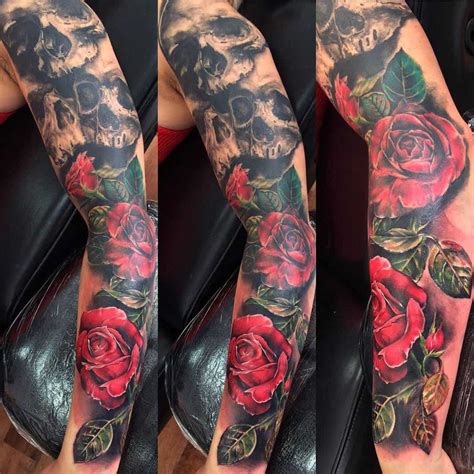 Skull And Roses Sleeve Tattoo Designs