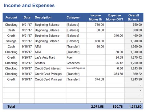 Income and Expense Tracking Worksheet