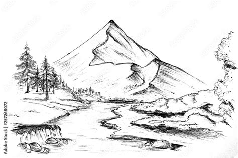 Art picture drawn mountain landscape with a river sketch black and ...