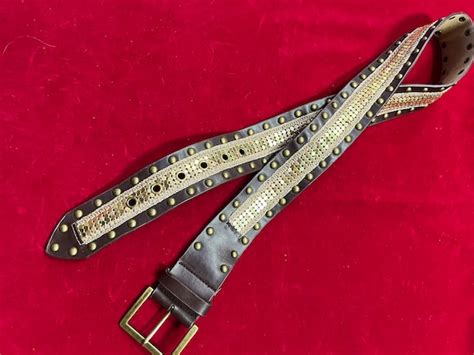 RARE Vintage Wide Leather Lined Brown Belt with Gold … - Gem