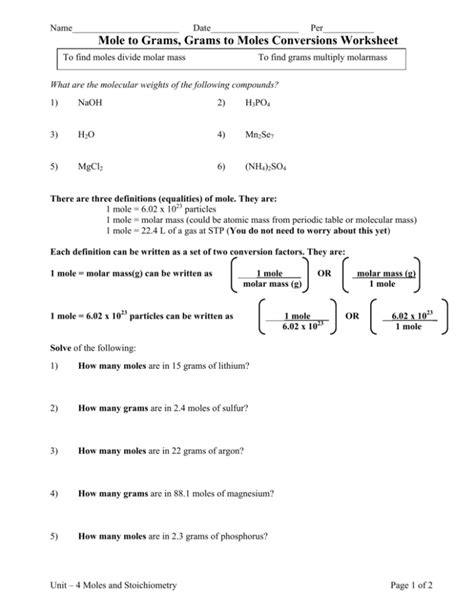 Mole Calculations worksheet