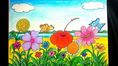 How to draw a scenery of flower garden step by step in 2021 | Flower ...