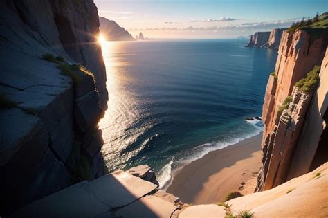 Premium AI Image | A sunset view of a beach and a cliff with a cliff in ...