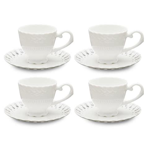 White Heirloom Tea Cups and Saucers Set, Set of 4