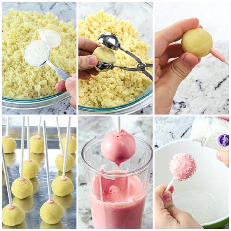 adding frosting to cake crumbs, dipping cake pops into melted candy ...