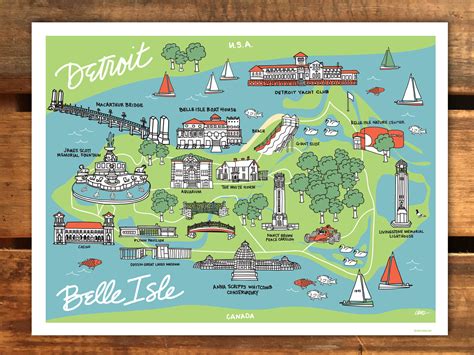 Belle Isle Park Detroit Illustration Art Print Detroit Map | Etsy