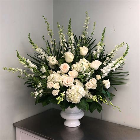 Evans White Rose and Hydrangea Funeral Urn in Peabody, MA | Evans Flowers