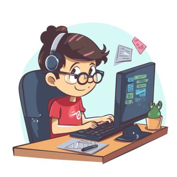 Coding Clipart Cartoon Young Boy Using A Computer With Headphones And A ...