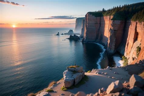 Premium AI Image | A cliff face at the edge of a cliff at sunset.