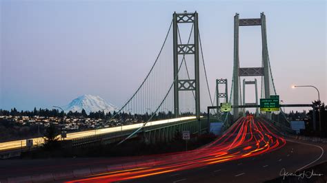 Mount Rainier and Tacoma Narrows Bridge Sunset - Kristie Adams