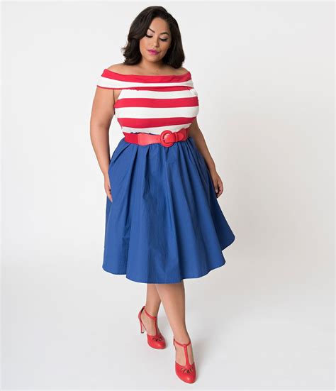 Plus Size Red & White Stripe Off Shoulder & Blue Nautical Swing Dress ...