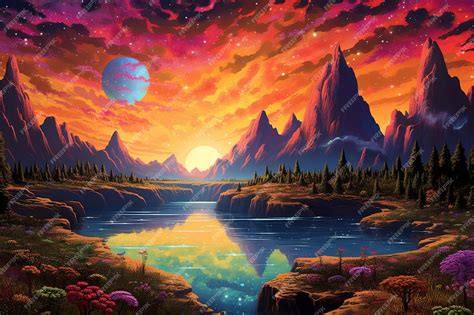 Premium AI Image | A painting of a mountain and a lake with a sunset in ...