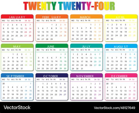 2024 monday start landscape color calendar Vector Image