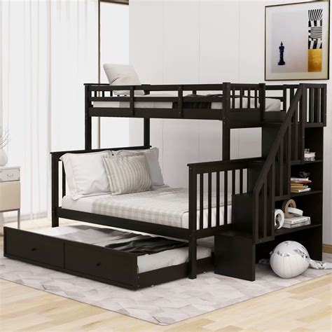 Twin Over Full Size Bunk Beds with Trundle, Solid Wood Bunk Bed Frame ...