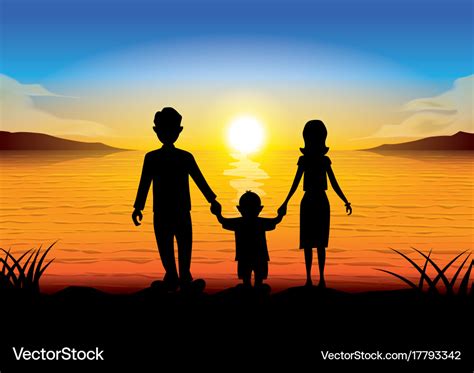 Silhouette family standing at sunset Royalty Free Vector