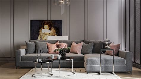 Beautiful monochromatic grey luxury living room decor with grey velvet ...