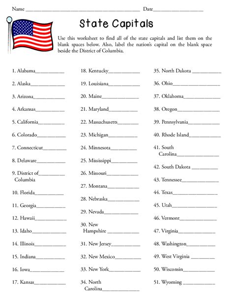 States And Capitals Worksheets Pdf Free