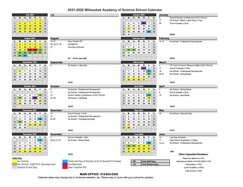 Milwaukee Academy of Science 2021-2022 School Calendar